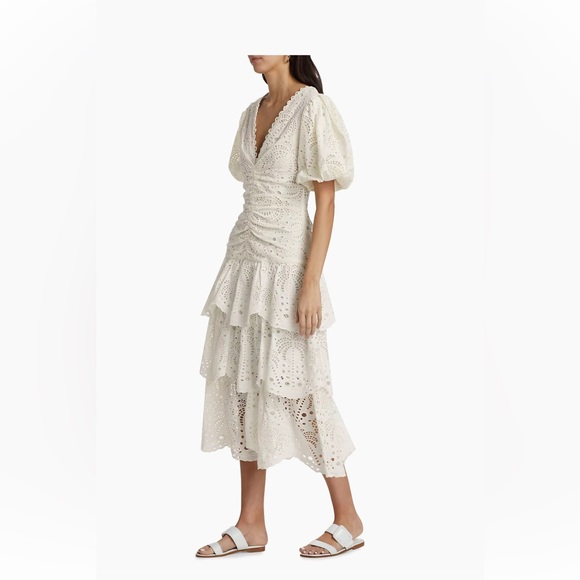 🆕 Farm Rio White Cotton Eyelet Puff Sleeve Midi Dress XXS - Picture 6 of 9